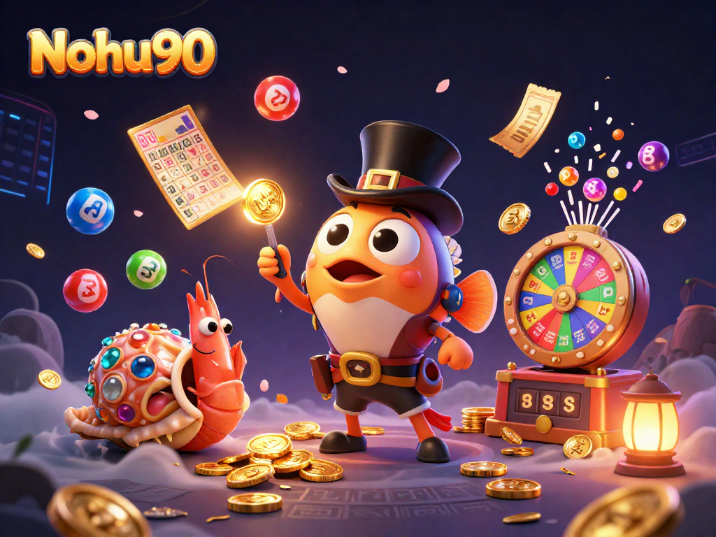 Nohu90 engages players with a vibrant 3D illustration featuring a deep-sea anglerfish and pirate shrimp, enhancing excitement.