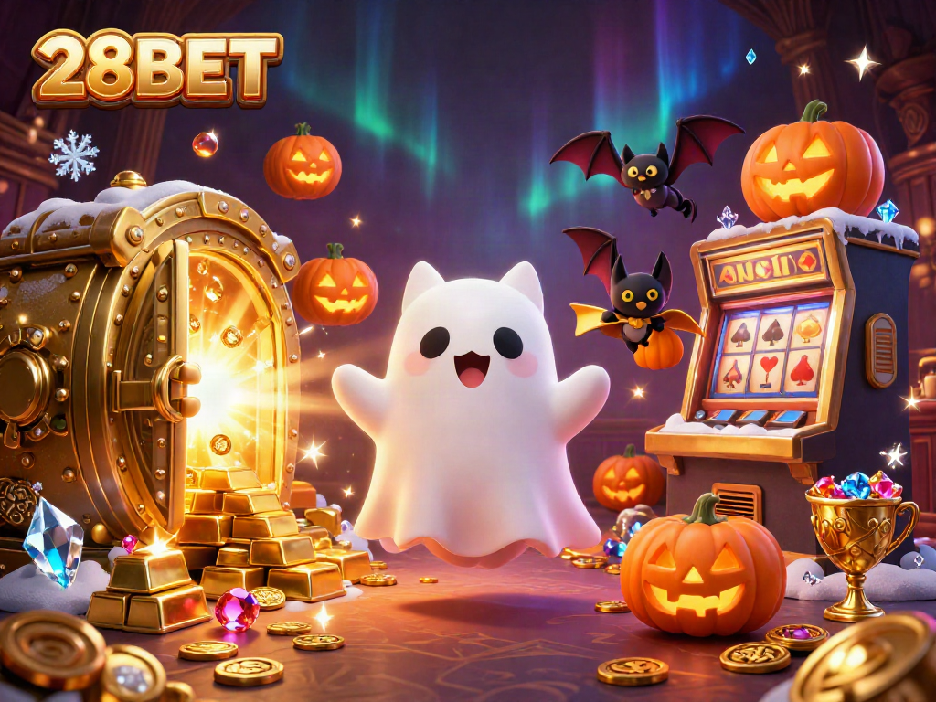 Engage with thrilling games at 28BET featuring a friendly ghost cat and treasure in a vibrant casino scene.