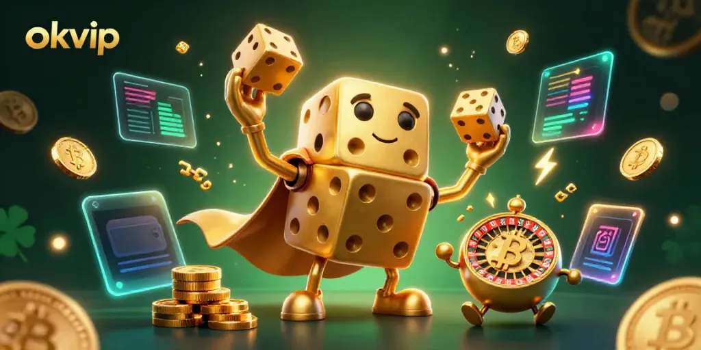 Engage with exciting gameplay at okvip, where giant golden dice and Bitcoin collide in a vivid casino scene.