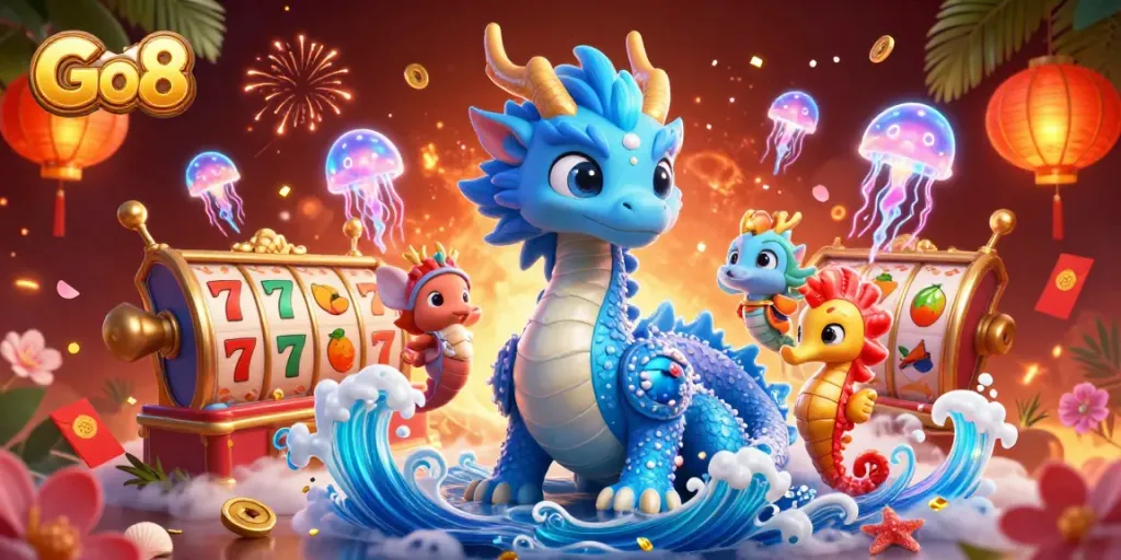 Engage with Go8 through this vibrant casino-themed illustration featuring a dynamic dragon and seahorse knight.