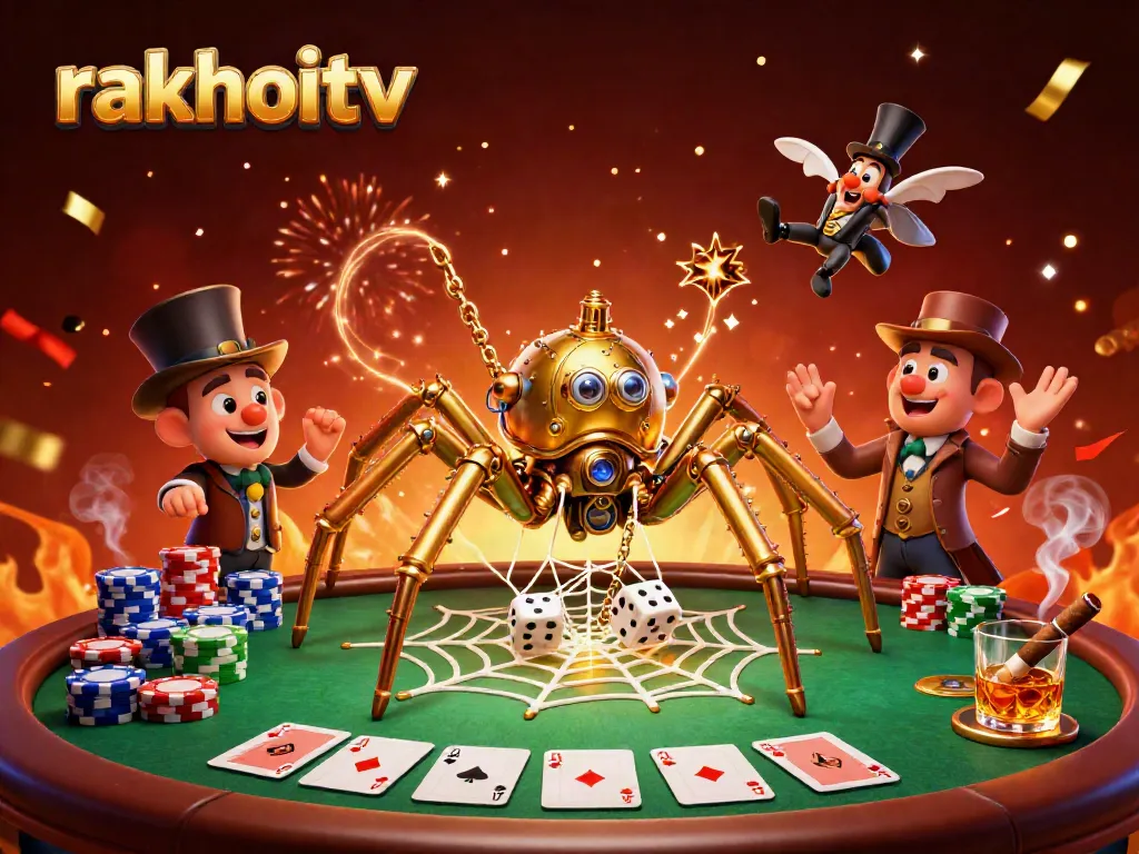 Experience the thrill of rakhoitv with a steampunk spider capturing dice, amidst a lavish poker scene.