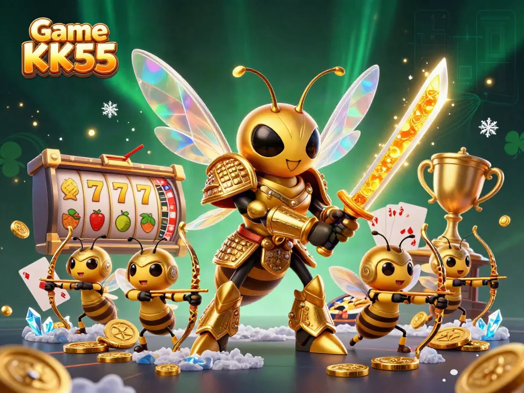 Engage with Game KK55, a vibrant 3D casino scene featuring a golden hornet warrior and dynamic gaming elements.
