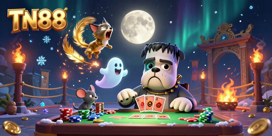 TN88 features a Frankenstein bulldog monster dealing cards at a spooky table with a ghost mouse and a werewolf kitten in a vibrant casino scene.