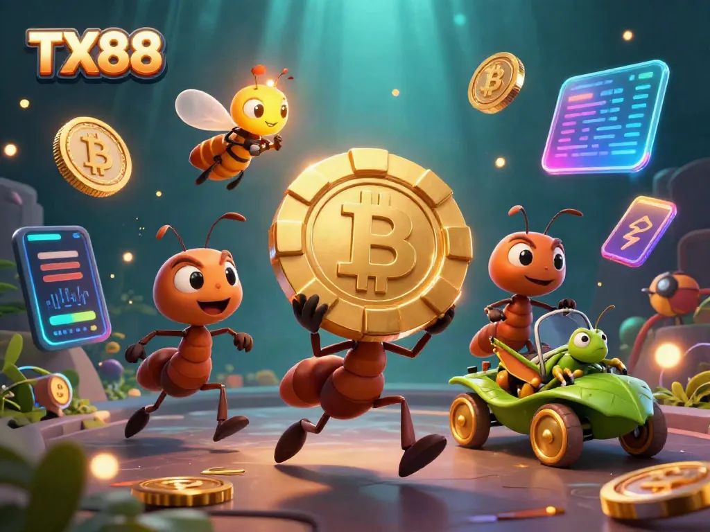 Experience thrilling adventures at TX88 with cartoon ants, golden chips, and crypto touches in a vibrant casino scene.