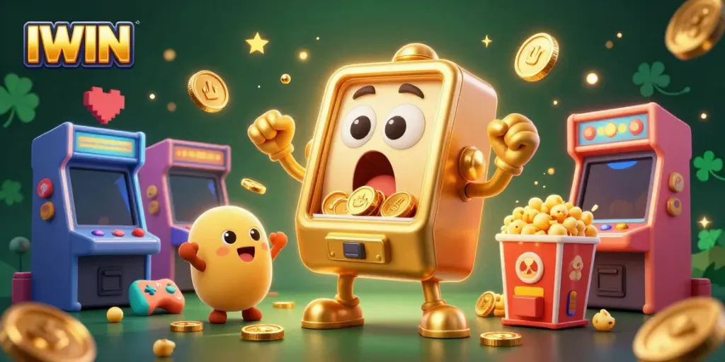 IWIN slot machine celebrates a jackpot, surrounded by cheering smaller machines and gaming elements.