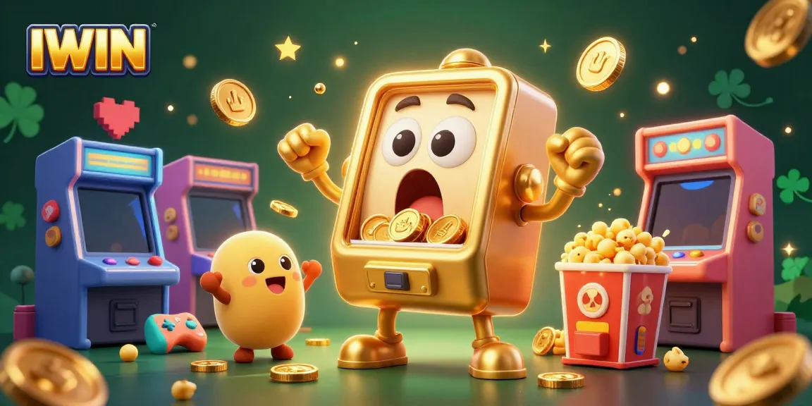 IWIN slot machine celebrates a jackpot, surrounded by cheering smaller machines and gaming elements.