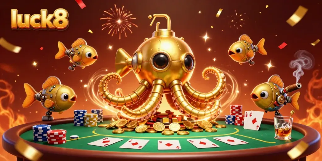 Engage in luck8 casino action with a golden kraken submarine amidst poker elements and celebratory confetti.