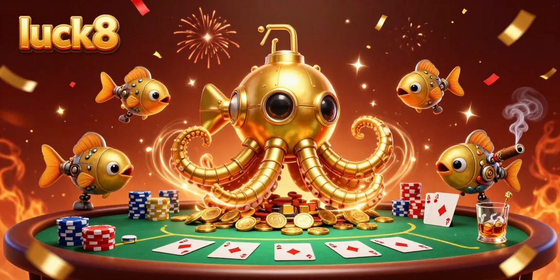 Engage in luck8 casino action with a golden kraken submarine amidst poker elements and celebratory confetti.