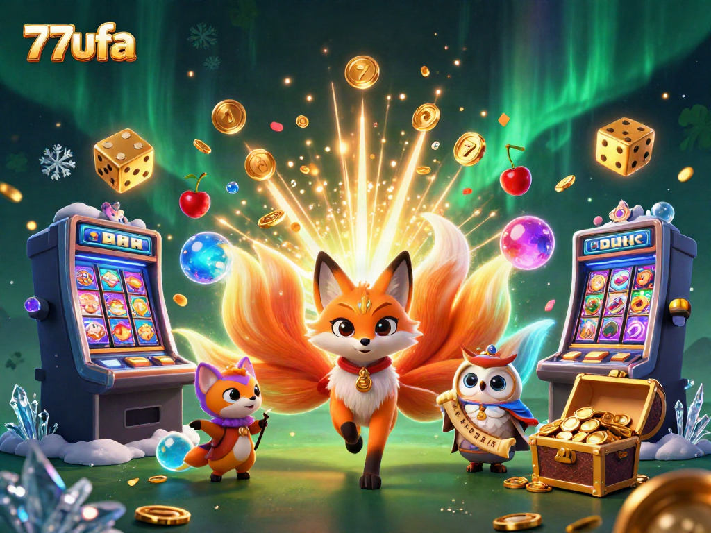 Spin to win at 77ufa with vibrant slots and enchanting characters in a gambling-themed illustration.
