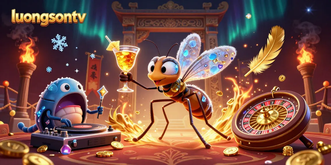Engage with luongsontv's vibrant casino scene, featuring a mascot, DJ, and roulette wheel.