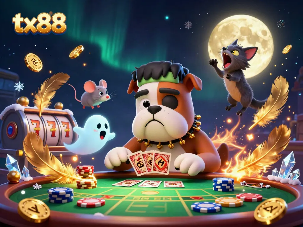 Engage in thrilling games at tx88 with a Frankenstein bulldog dealer, chips, and dynamic betting elements.