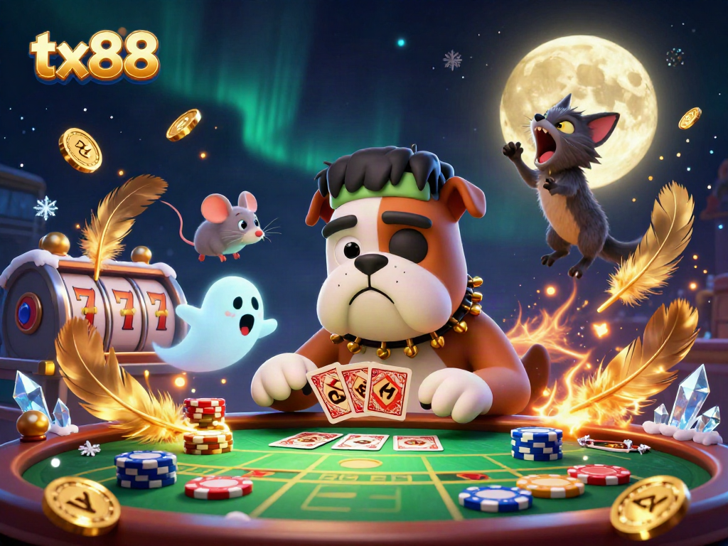 Engage in thrilling games at tx88 with a Frankenstein bulldog dealer, chips, and dynamic betting elements.