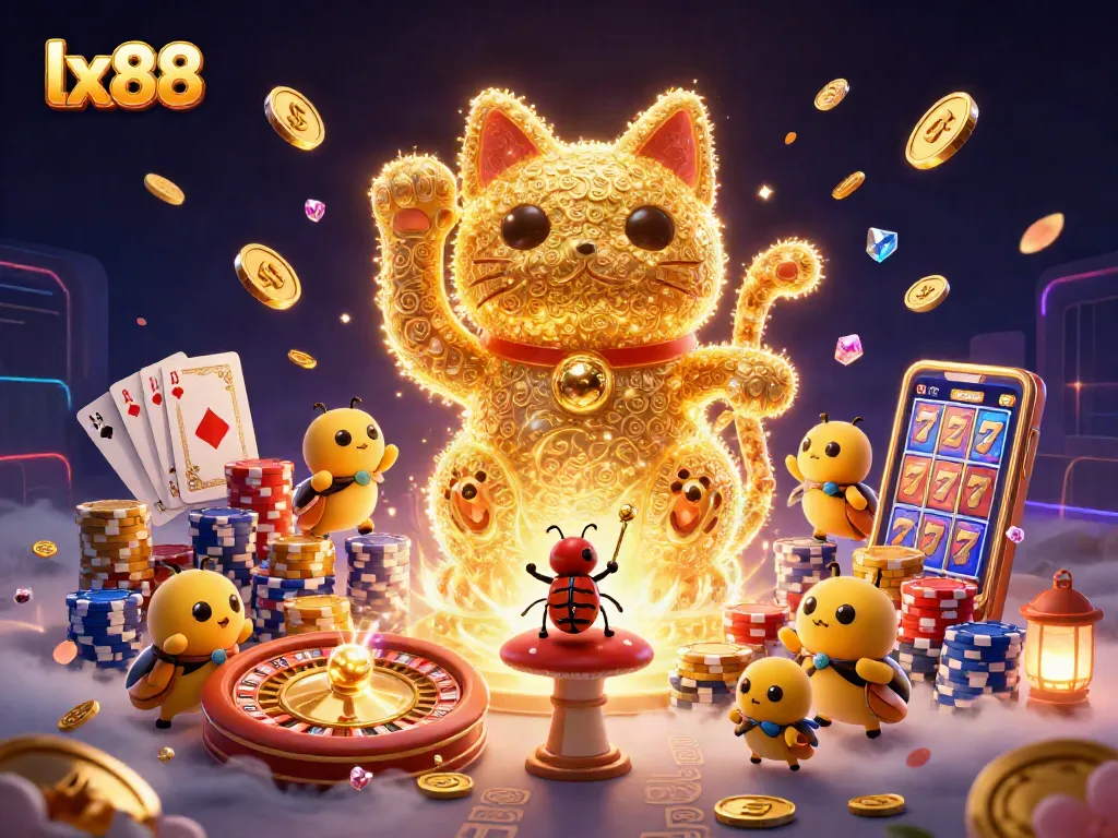 Engage with lx88 gameplay featuring a vibrant scene of golden coins, lucky cat, and casino symbols.