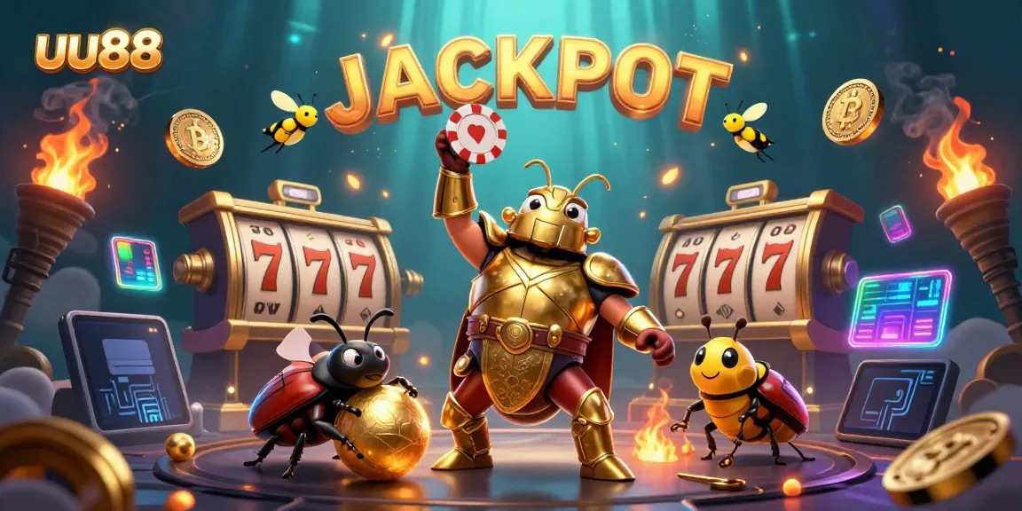 Experience the thrilling wins at uu88 with a joyful beetle duo celebrating a jackpot victory.
