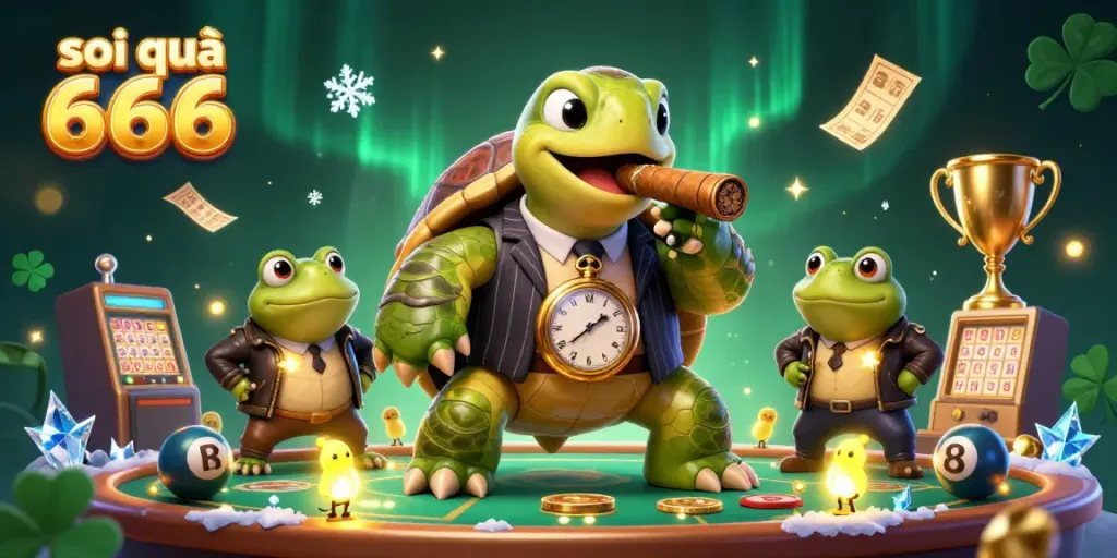Soi cầu 666 illustrated with a snapping turtle mobster and frog enforcers among lottery elements, showcasing vibrant casino action