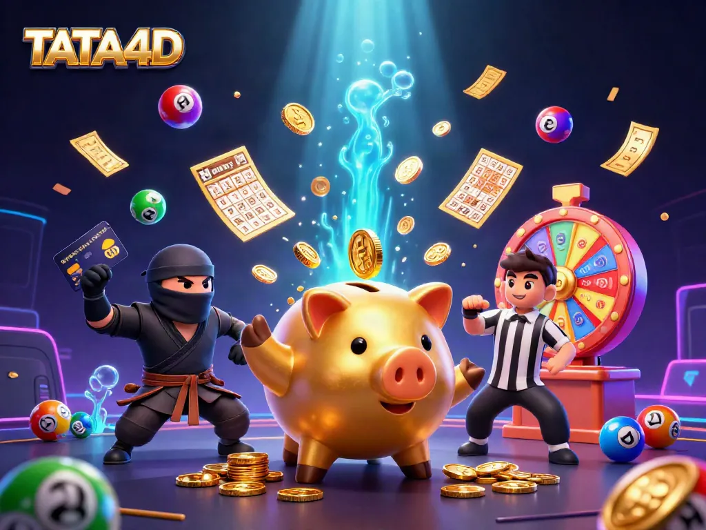TATA4D captures excitement with golden piggy bank sumo wrestler, wallet ninja, and credit card samurai in action.