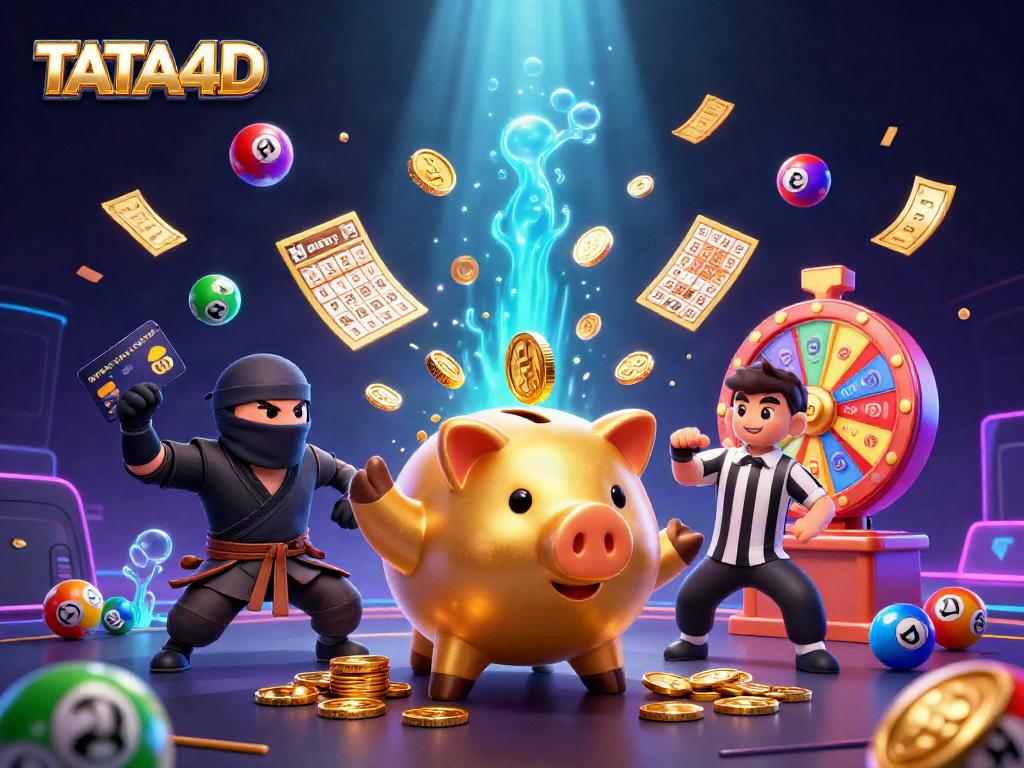 TATA4D captures excitement with golden piggy bank sumo wrestler, wallet ninja, and credit card samurai in action.