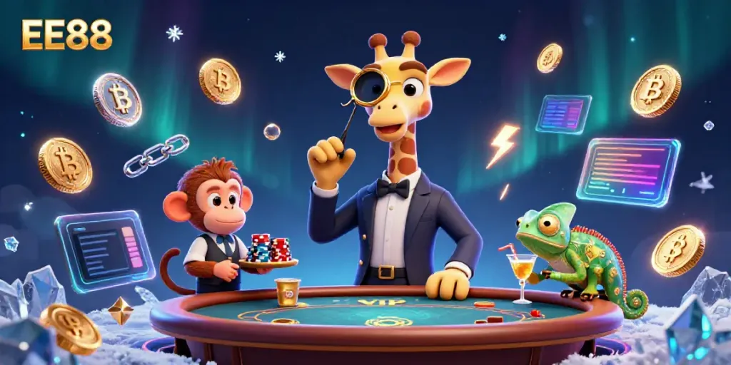 Engage in thrilling gaming with EE88 at a vibrant casino fair, enhanced by animated characters.