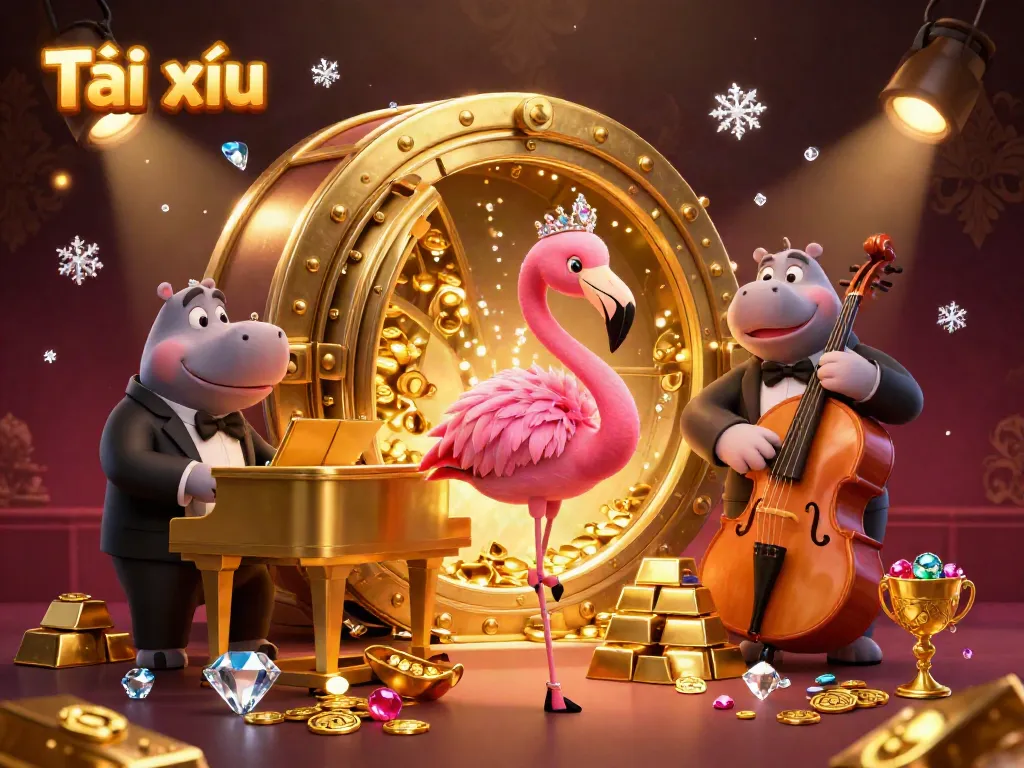 Experience the thrill of Tài xỉu with a vibrant casino scene featuring dynamic characters and opulent treasures.