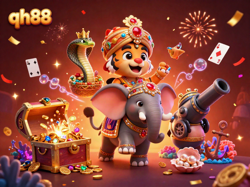 Experience the thrill of qh88 with a vibrant 3D casino-themed adventure, featuring a royal tiger and an elephant amidst gold treasures.