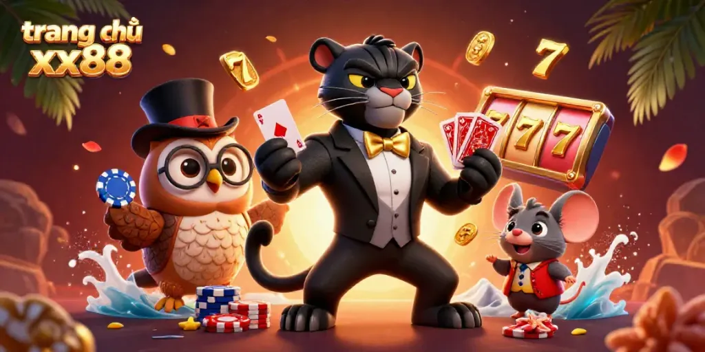 Experience excitement at trang chủ xx88 with a stylish panther dealing cards and characters surrounded by slot reels and vibrant casino elements.