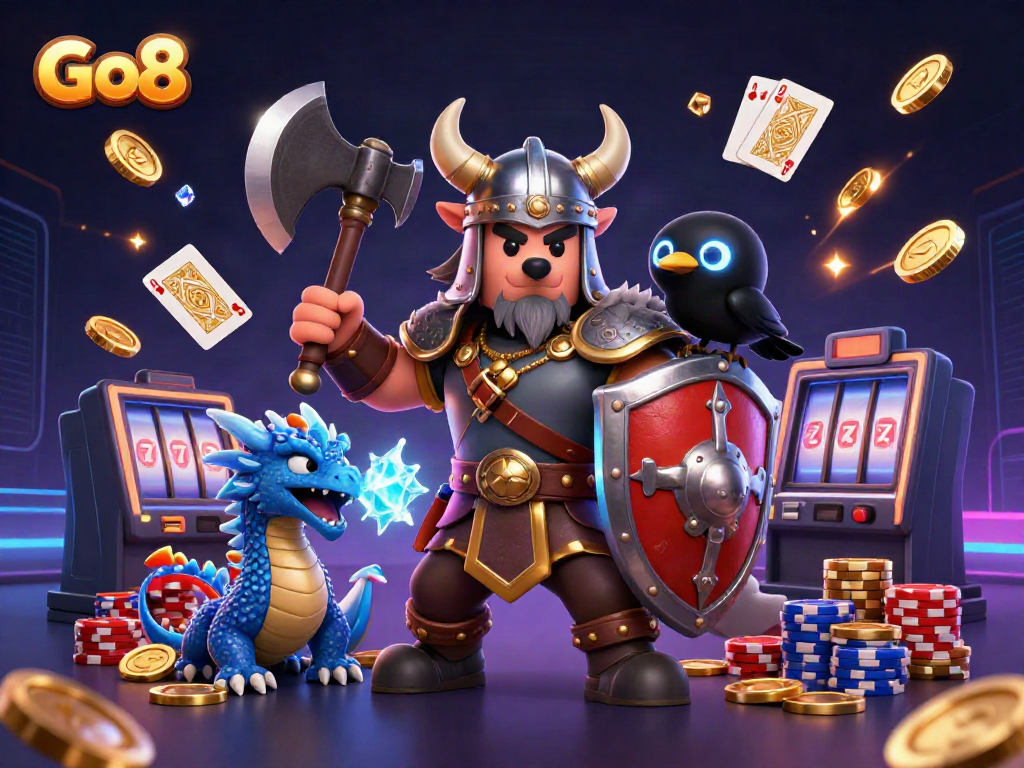 Join the Go8 Viking warrior, fierce dragon, and glowing raven in a dazzling casino adventure.