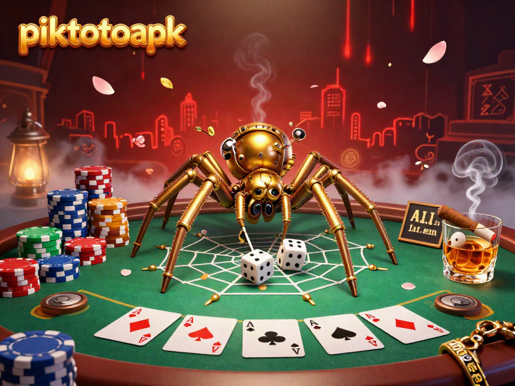 Piktotoapk captures luck with a steampunk spider and poker elements in a vibrant casino scene.