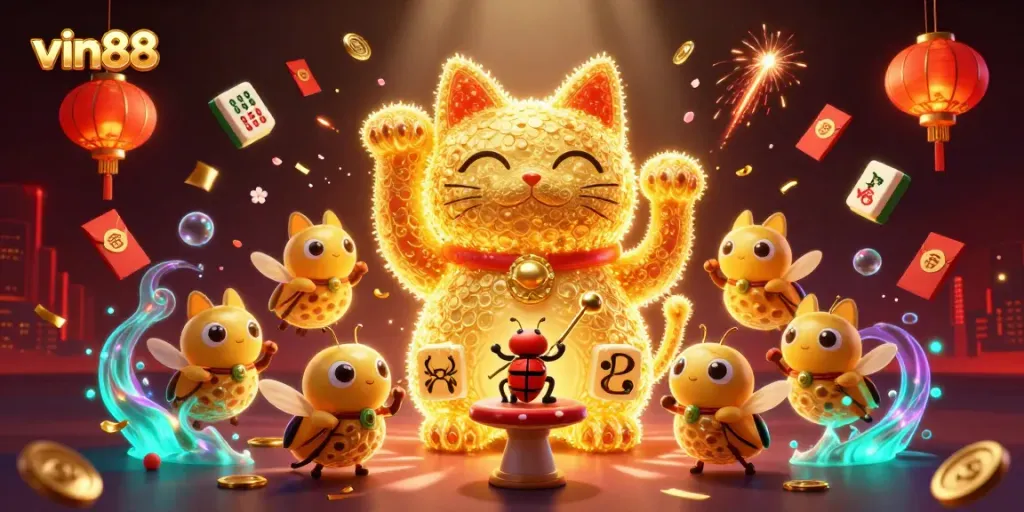 Experience winning with vin88's vibrant casino atmosphere featuring engaging gaming symbols.