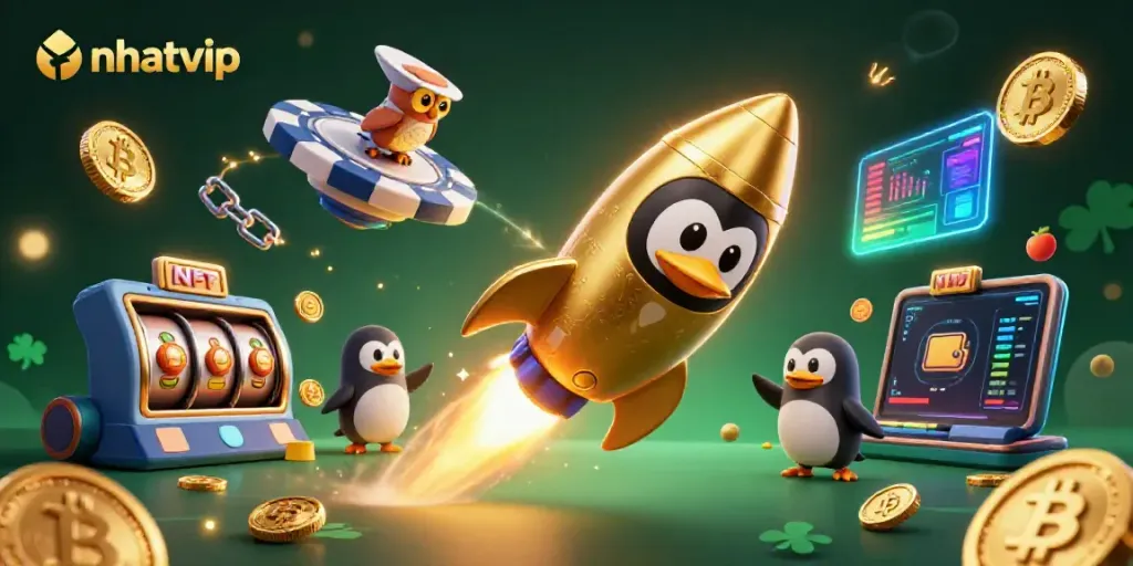 Nhatvip invites players into an exciting experience with a rocket-powered penguin and casino-themed elements.