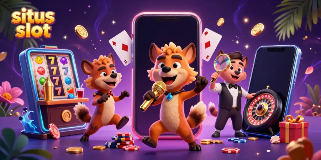 Hyena berkomedi di kasino saat bermain situs slot dengan suasana ceria.