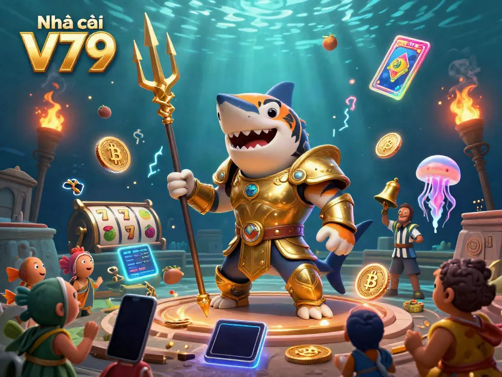 Experience thrill at Nhà cái V79 with a vibrant underwater casino scene featuring exciting slot elements and a colorful crowd.