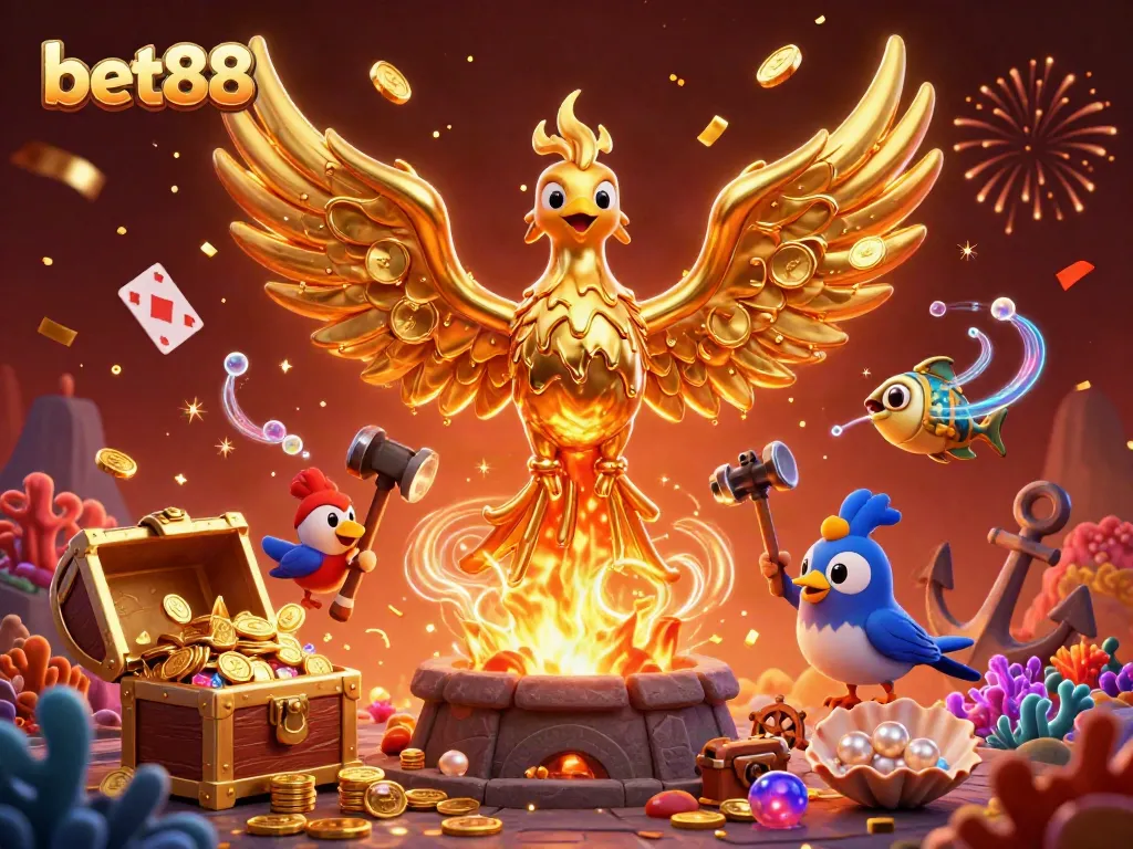 Bet88 gamers spinning the reels with a dazzling molten phoenix surrounded by treasures and sparkling coins.