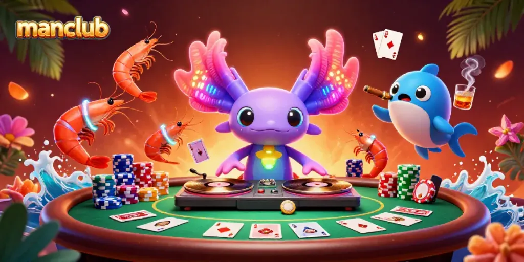 Experience the thrill of gambling at manclub with a vibrant 3D illustration showcasing axolotl DJ, poker, and casino elements.