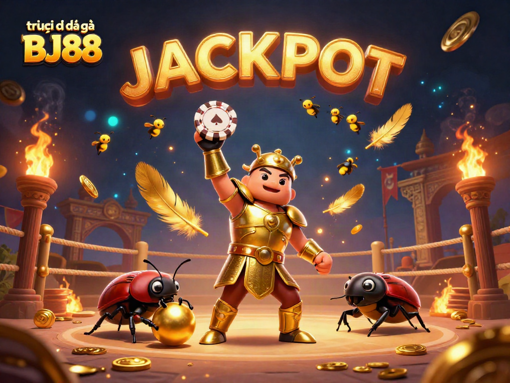 Engage with trực tiếp đá gà BJ88 as a hercules beetle celebrates a poker chip victory amidst a dynamic cockfighting scene.