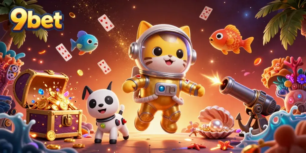 Experience vibrant gaming with 9bet as cartoon characters navigate a rich underwater casino scene