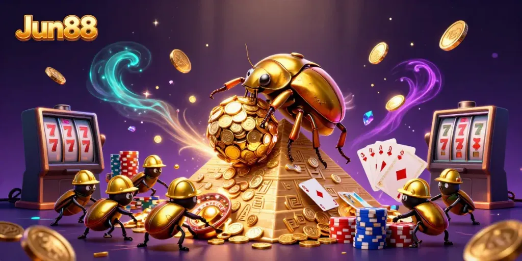 Experience the excitement of Jun88 with vibrant golden coins, spinning roulette wheels, and winning cards!