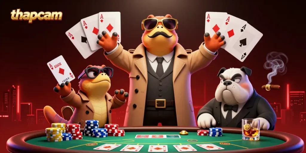 Raptors in a trench coat entering a VIP casino lounge, showcasing thapcam with poker elements.