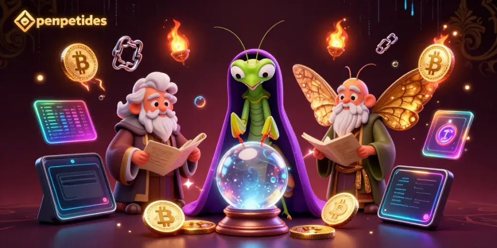 Engage with perx peptides in a vibrant 3D casino scene showcasing mystical characters and crypto elements.