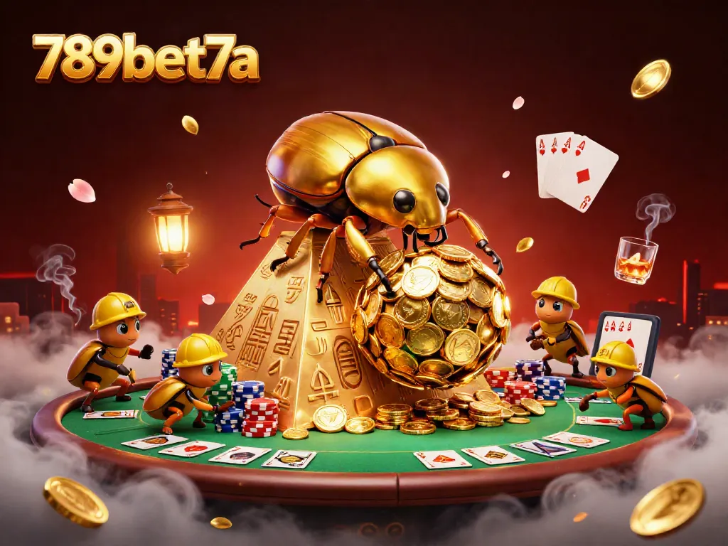 Experience the thrill of 789bet7a with a golden beetle rolling coins in a vibrant casino scene.