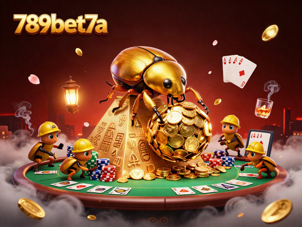 Experience the thrill of 789bet7a with a golden beetle rolling coins in a vibrant casino scene.