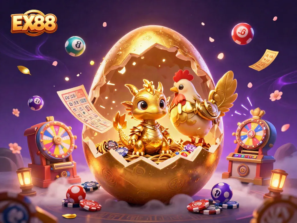 Join the fun with EX88 in a vibrant casino scene featuring golden elements and a baby dragon!