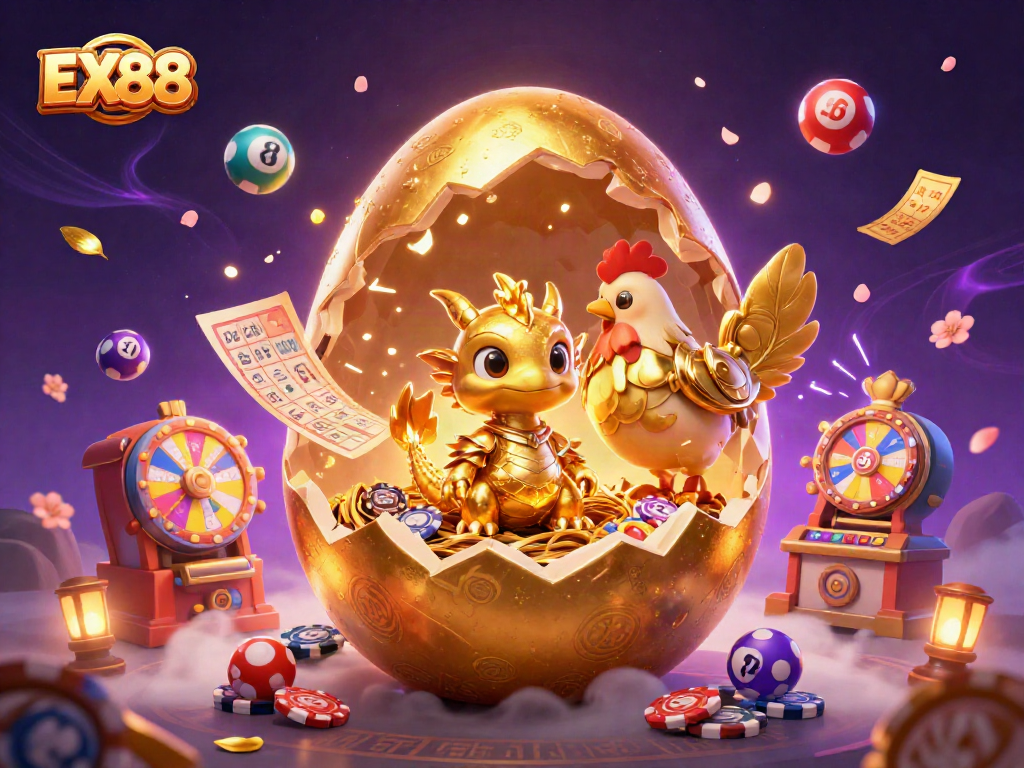 Join the fun with EX88 in a vibrant casino scene featuring golden elements and a baby dragon!