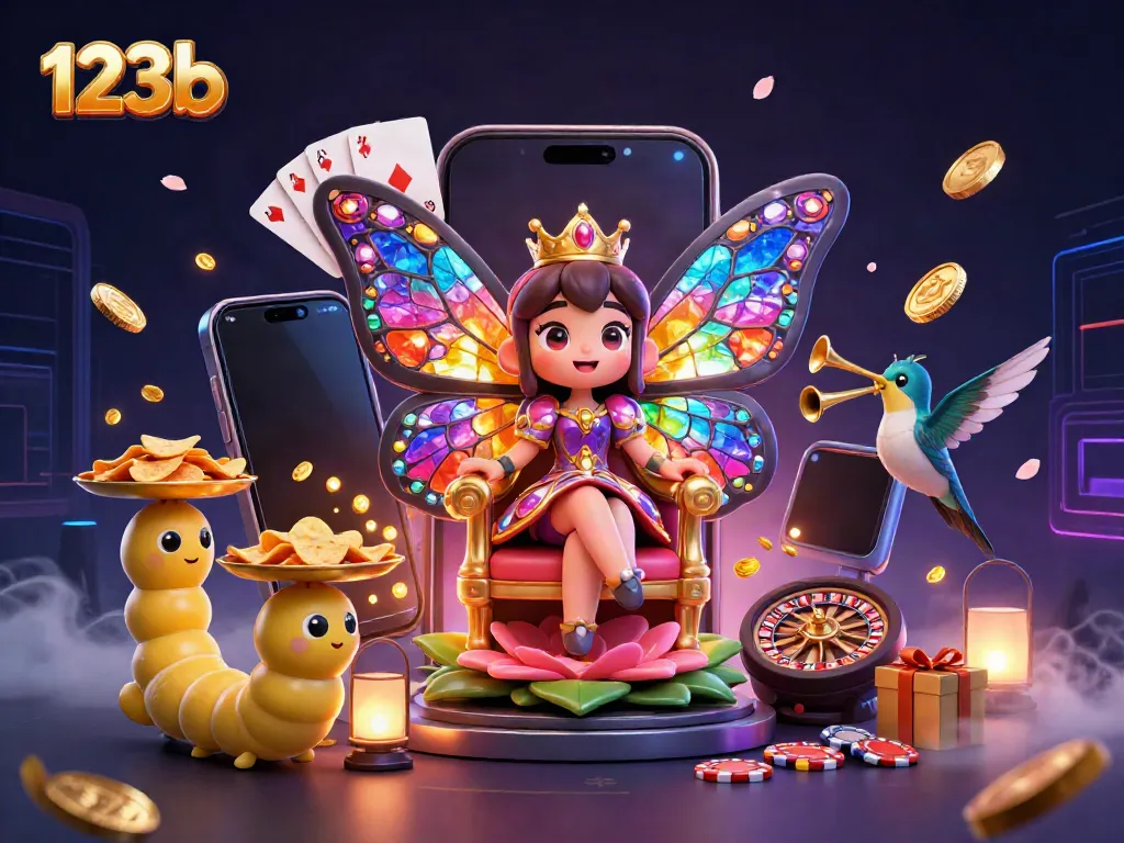 Engage with the vibrant 123b scene showcasing a butterfly queen and gaming elements in a dynamic casino atmosphere.