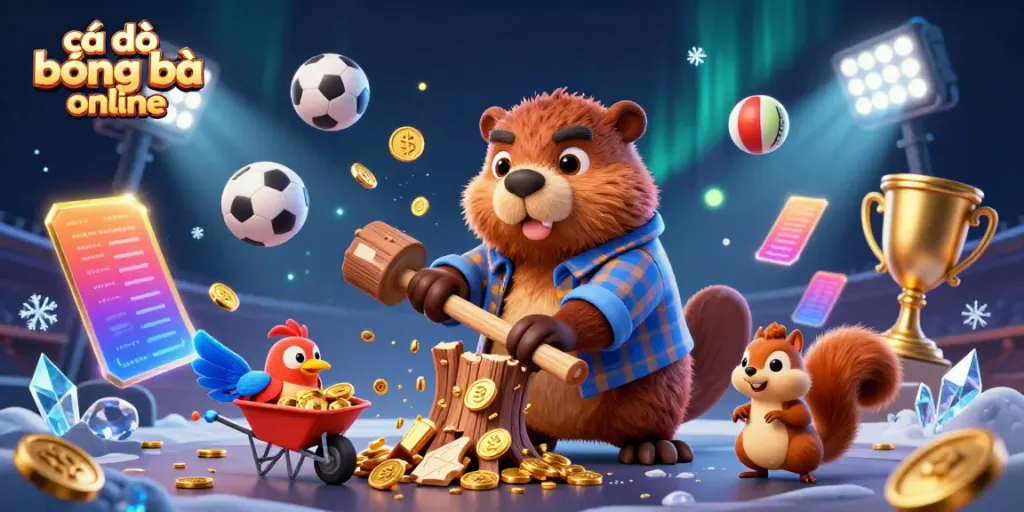 Experience cá độ bóng đá online with a lively scene of beavers, birds, and squirrels celebrating wins amidst dynamic sports elements and golden coins.
