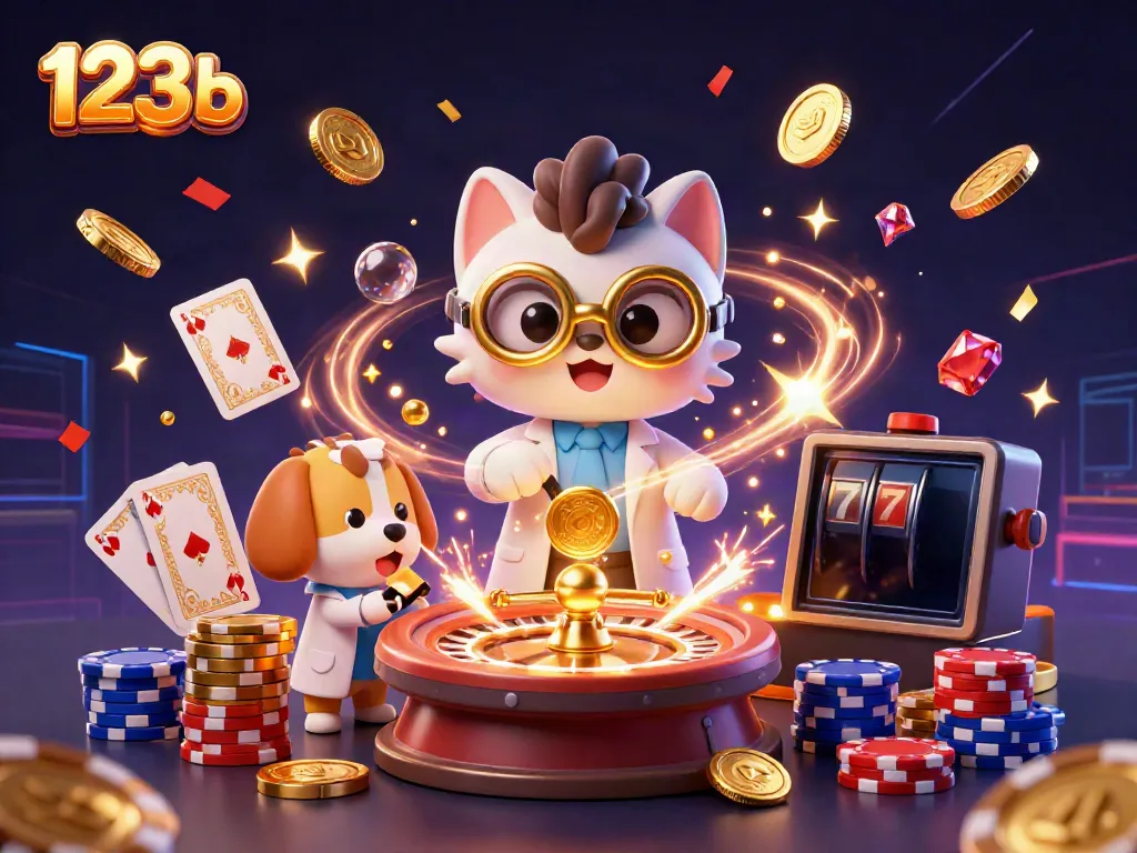 Experience excitement at 123b with a playful mad scientist cat and dog amidst flying casino elements
