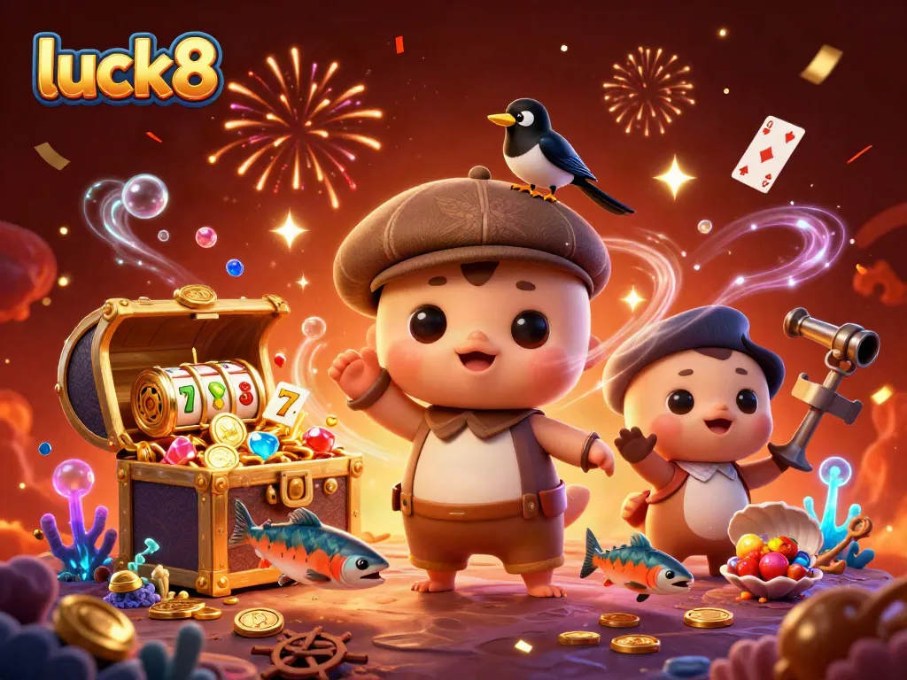 Engaging 3D illustration showing luck8 gaming elements with cartoon Nessie, gold coins, and slot reels.