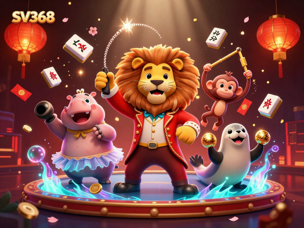 Experience thrilling games at SV368 with our vibrant circus-themed illustration.