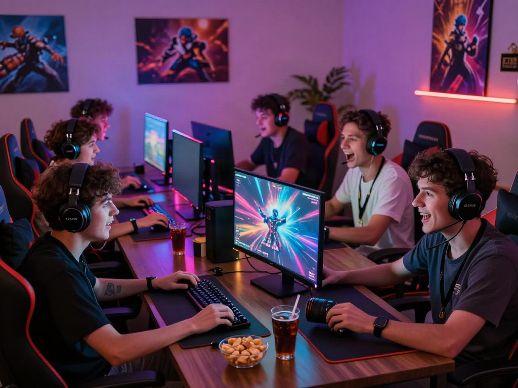 Friends enjoying an intense late-night gaming session with kilat 404 desktop setup.