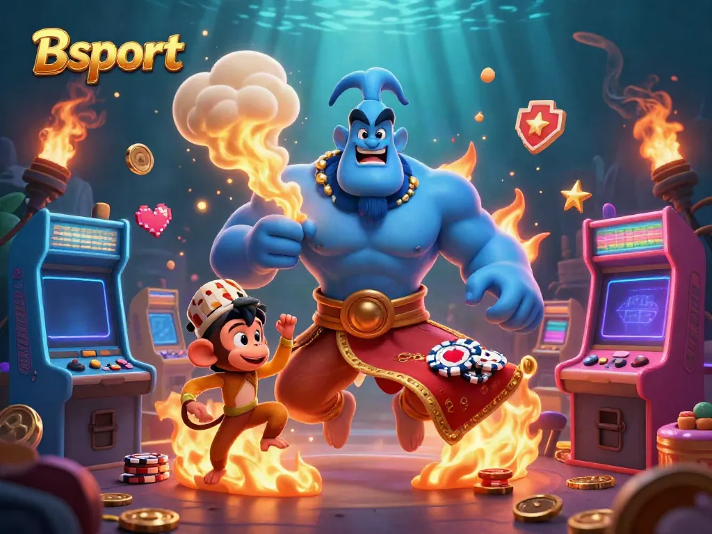 Engage in thrilling Bsport activities as a genie and monkey animate a vibrant casino scene.