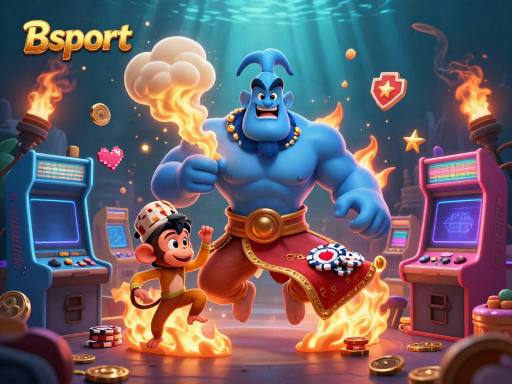 Engage in thrilling Bsport activities as a genie and monkey animate a vibrant casino scene.